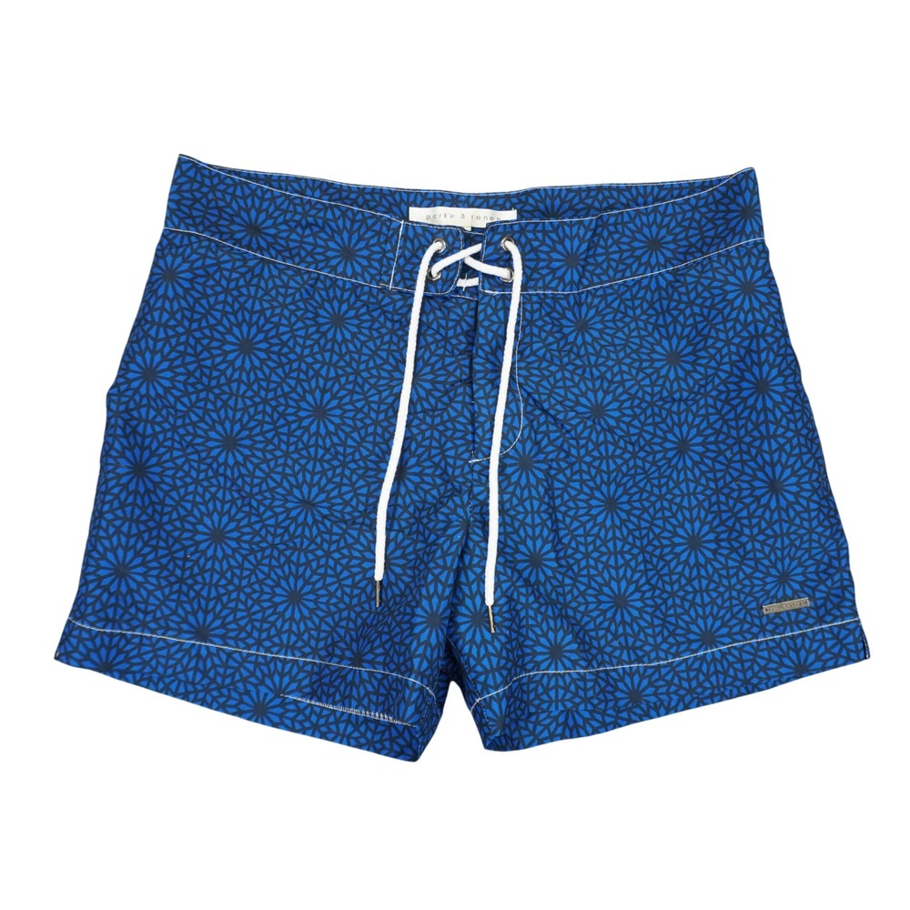 Parke & Ronen Swim Trunks Men 30 Blue Geometric Mosaic Shorts 4" Inseam USA Made